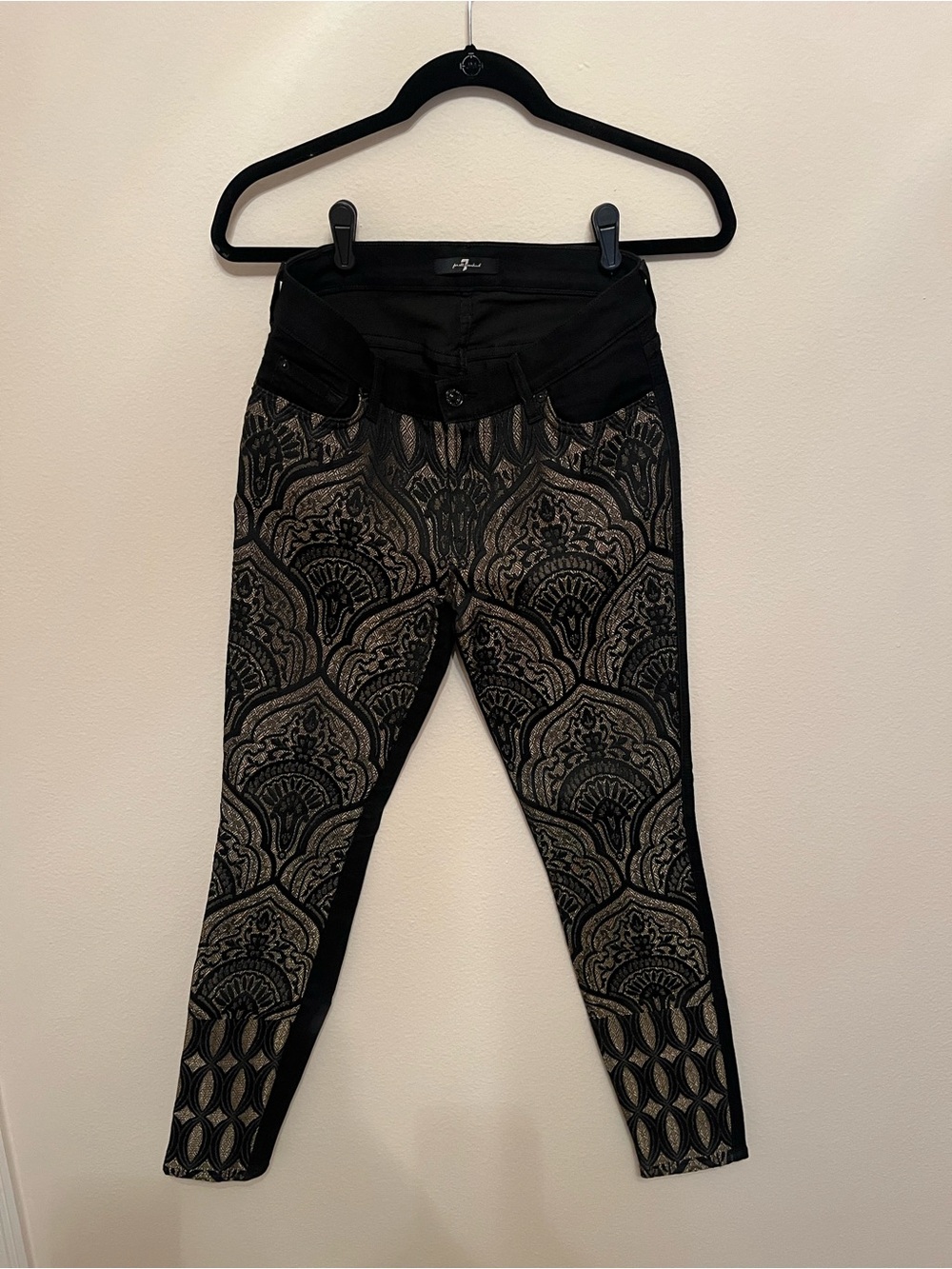 7 For All Mankind Black and Gold Patterned Skinny Jeans